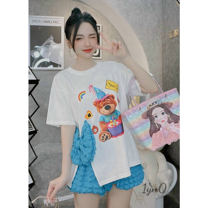 [9.9 Sales Freeship] Set bộ đùi xốp nữ đính nơ dễ thương, set áo thun in gấu xẻ lai quần đùi xốp nổi đi chơi cute
