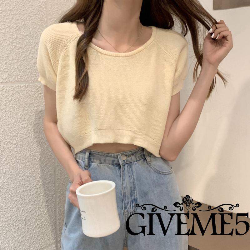 Áo Croptop Dệt Kim Tay Ngắn Cổ Tròn Màu Trơn Dáng Rộng Thời Trang Cho Nữ
