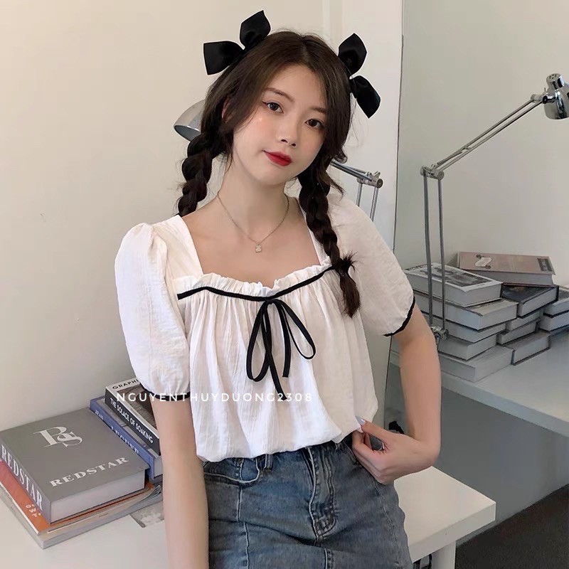 [Ảnh thật/Sẵn]Áo sơmi thô ren viền đen nơ cổ