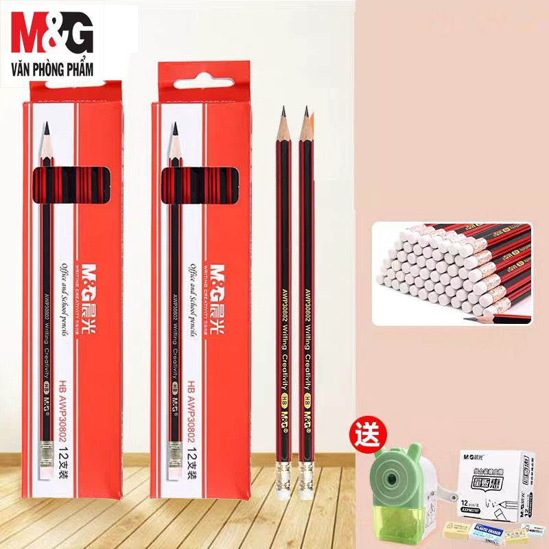 Hộp chì chuốt 2B M&amp;G AWP30876 sọc đỏ đen, có gôm - 12 cây/ hộp