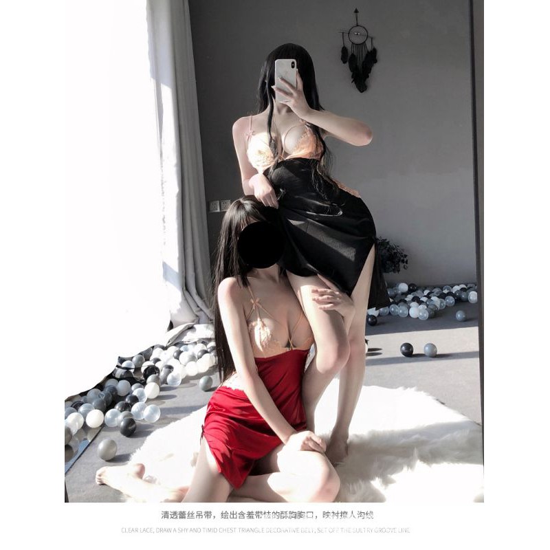váy ngủ đầm ngủ lụa satin pha ren dây buộc sau lưng tùy chỉnh sexy gợi cảm