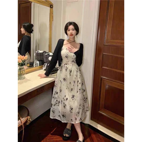 SET ĐẦM KEM MIDI HOA ĐEN 2 DÂY + ÁO KHOÁC ĐEN