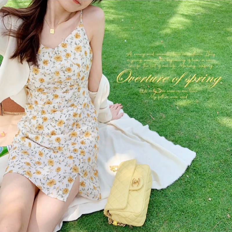 Váy Đầm Nữ Hai Dây Hoa Nhí Dáng Ngắn Xẻ Tà Mùa Hè Cổ V Vải Cotton Vintage Tiểu Thư Mùa Hè Xuân Thu Đi Học Chơi Làm Biển