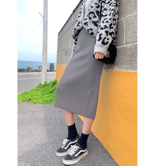 Chân váy len gân dáng dài xẻ vạt/ xẻ tà kiểu bút chì ôm dáng co giãn, chân váy len tăm dày dặn dài qua gối dáng body