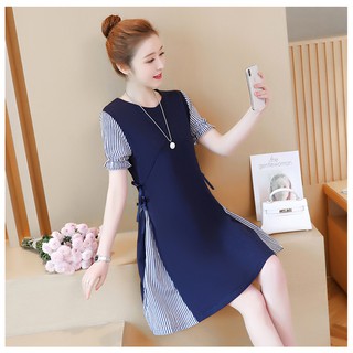 Đầm Bầu Kẻ Sọc Xanh Eo Thắt Nơ