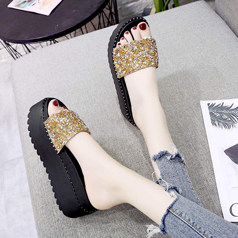 Dép Nữ Đế Xuồng Cao Gót Quai Ngang Đính Cườm Cao 7Cm