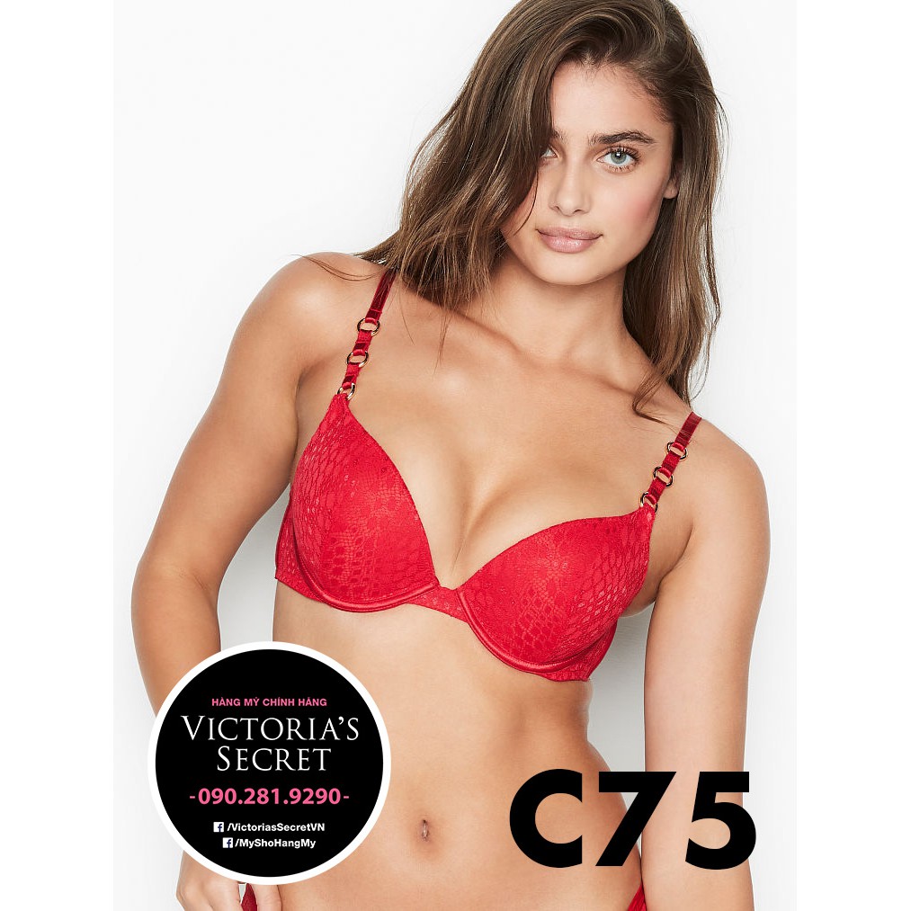 (Hàng Mỹ) 34C, C75 - Áo lót đỏ phối ren lưới (21) nâng ngực, siêu sexy, dây đính khoen cá tính, Plunge Lipstick