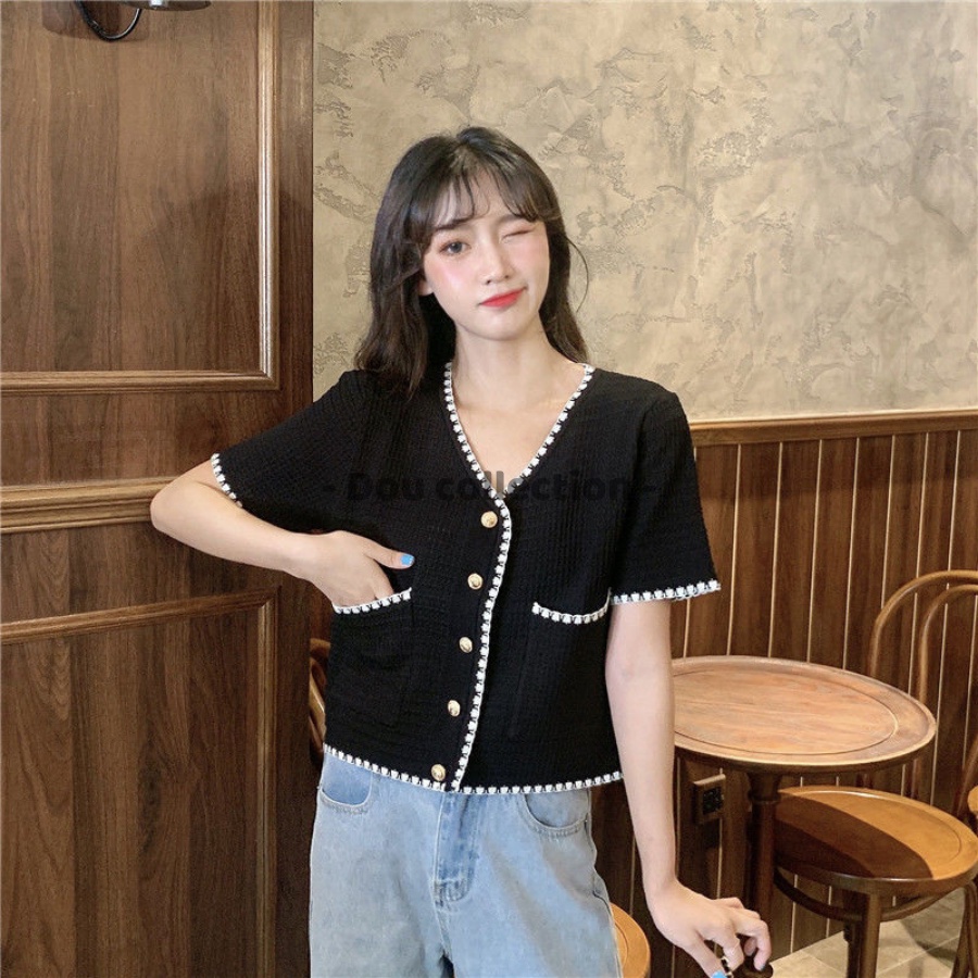 [Nowship2h] Áo Sơ Mi Cộc Dệt Kim Cao Cấp Tay Ngắn Cổ V, Áo Len Tay Ngắn Retro Phong Cách Hàn Quốc - Mã TA011