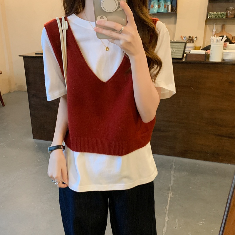 Áo Crop Top Dệt Kim Cổ Chữ V Màu Sắc Đơn Giản Phong Cách Hàn Quốc | BigBuy360 - bigbuy360.vn
