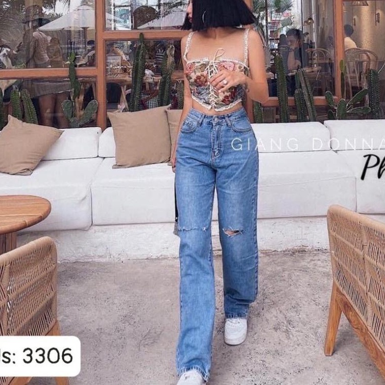 Quần Jean Nữ Aiori Ống Rộng Lưng Cao Trơn Rách Ngang Gối Bò Suông Phong Cách Thời Trang Hàn Quốc_Mã 3306