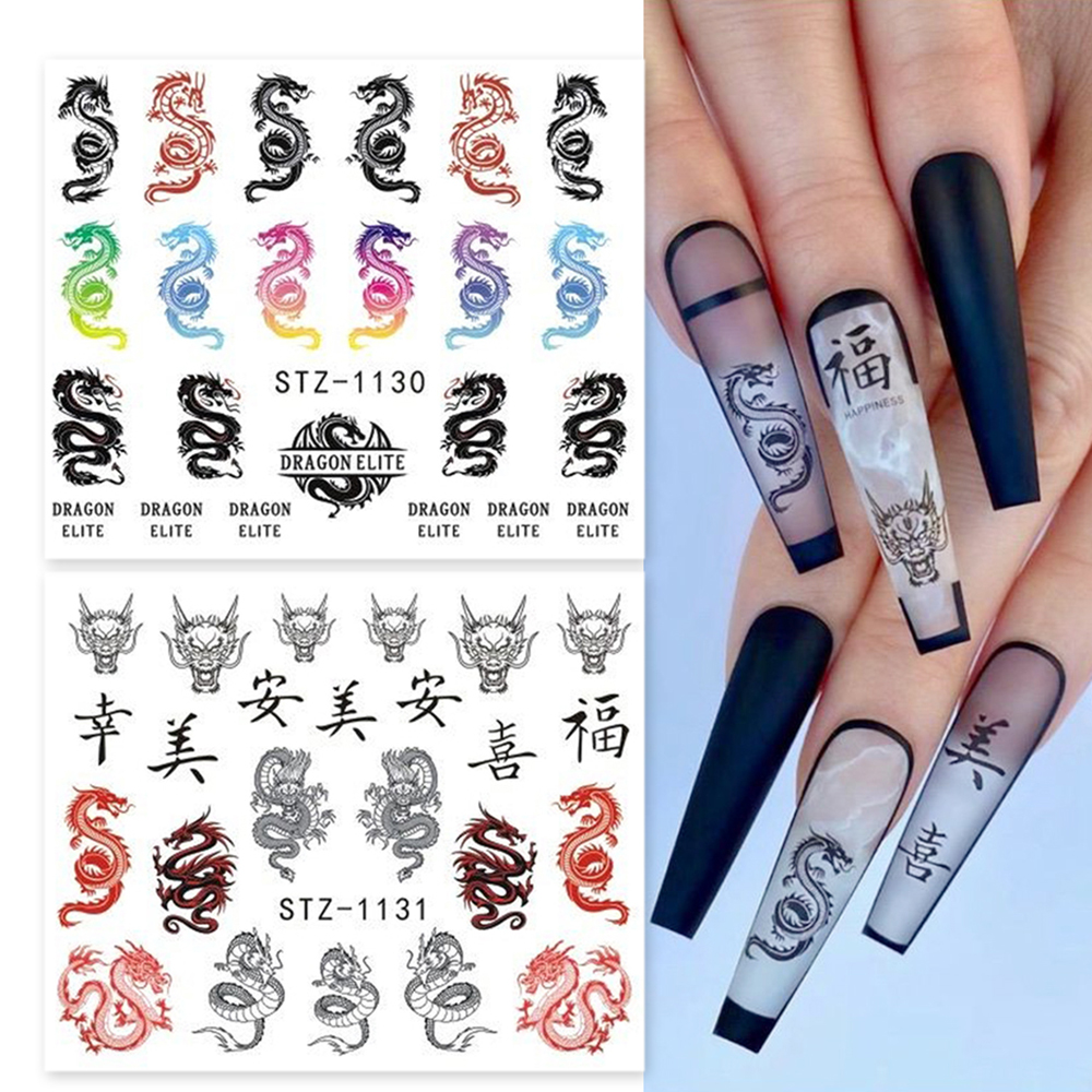 Bộ 1/4 Nhãn Dán Trang Trí Móng Tay Hình Rồng Đen Đỏ Phong Cách Gothic DIY