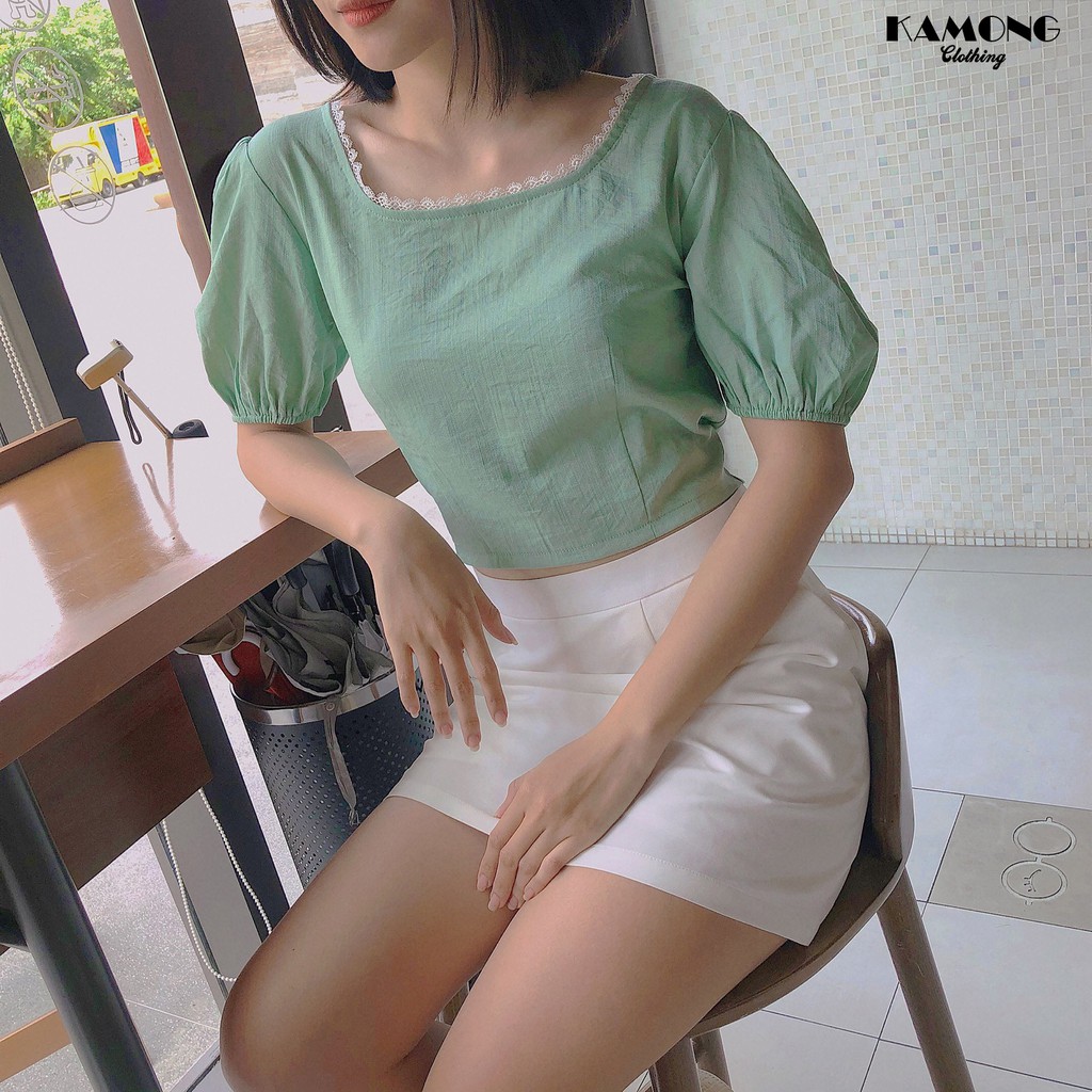 Áo croptop nơ lưng trắng phối ren KAMONG A075