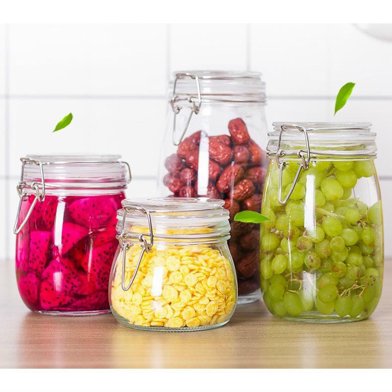 Hũ Thủy Tinh Nắp Cài Kín Hơi Đựng Thực Phẩm Có Gioăng Cao Su Dáng Vuông, Tròn 300ml 500ml; 750ml; 1000ml - Duonghieu6789
