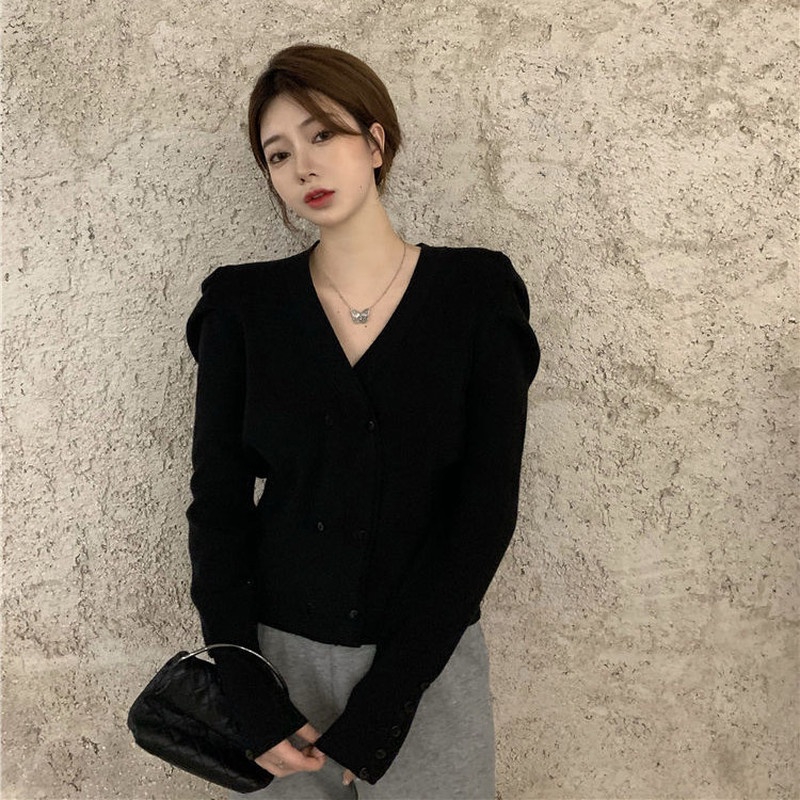 Áo khoác Cardigan dệt kim tay phồng cổ chữ V phong cách Retro thanh lịch thời trang mùa thu