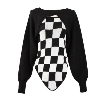 QKOOLE  Áo hai dây dệt kim sọc ca rô và áo khoác dệt kim phong cách Hàn Quốc dành cho nữ