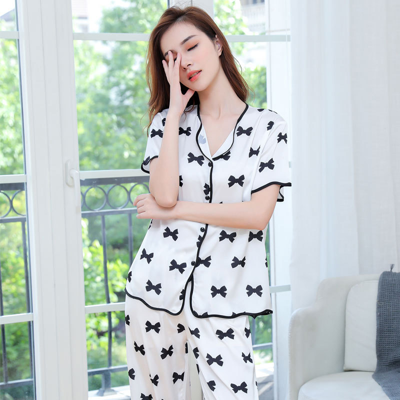 Bộ đồ ngủ ngắn tay họa tiết nơ phong cách Hàn Quốc nữ tính thoải mái