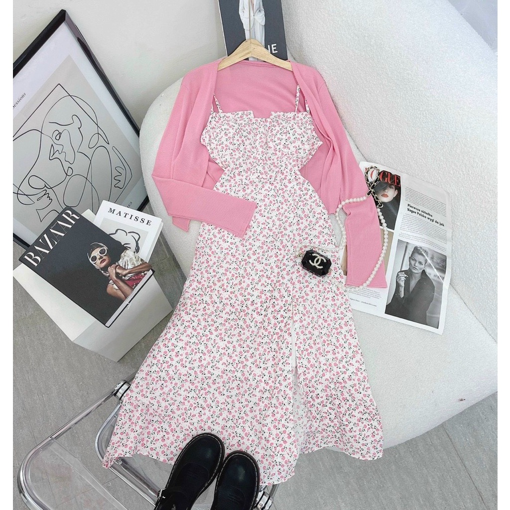 Set đầm váy 2s hoa + áo khoác croptop đỏ 💖 KÈM ẢNH THẬT 💖 BAO KIỂM ❌