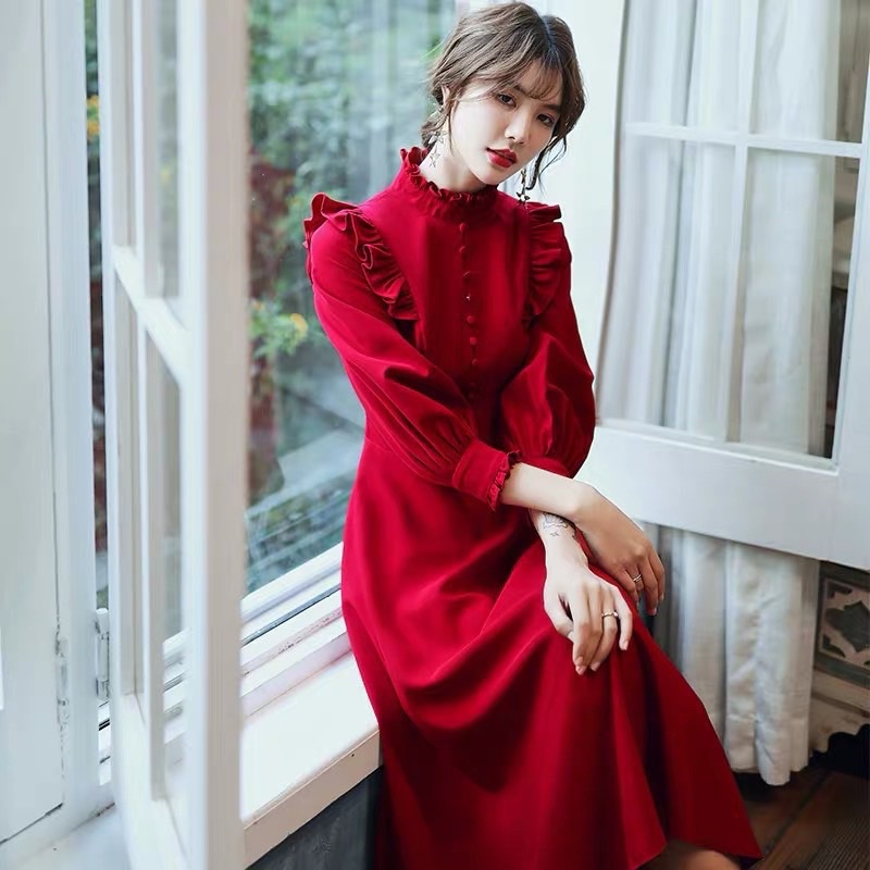 Set áo đầm đôi tình nhân màu đỏ áo sơ mi đầm tiểu thư dài tay đồ cặp Hàn Quốc