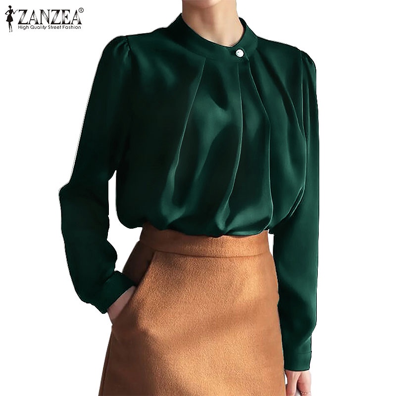Áo Kiểu Zanzea Tay Dài Cổ Tròn Màu Trơn Thời Trang Thường Ngày Cho Nữ