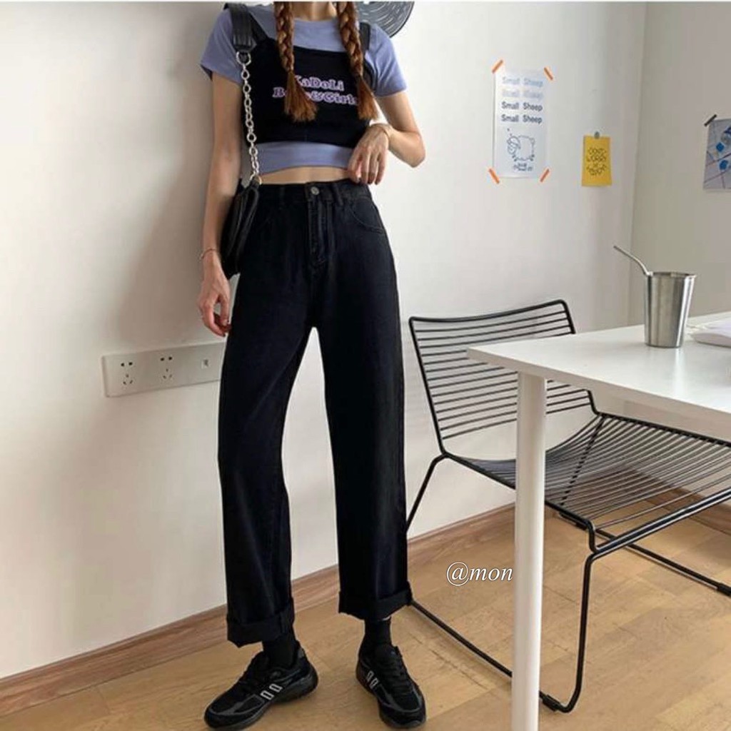 201053 Quần jeans ống rộng dáng suông vừa cho nữ chất jeans mềm màu đen trơn có size | BigBuy360 - bigbuy360.vn