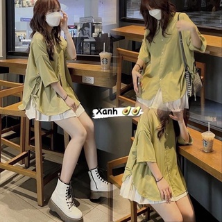 Áo sơ mi nữ cộc tay dáng rộng thắt nơ xẻ tà