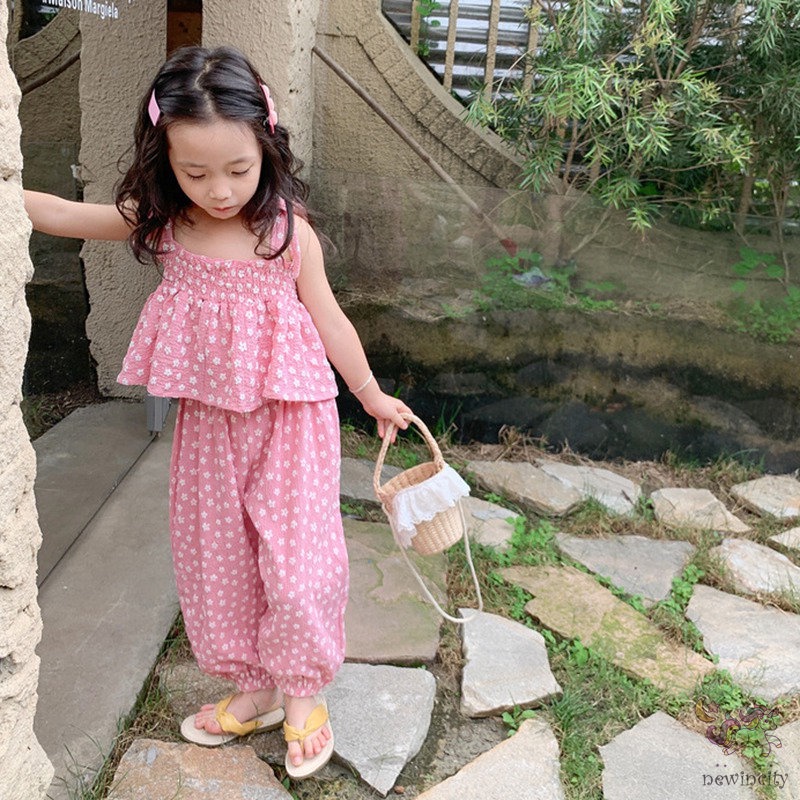 Bộ Áo Sát Nách In Hoa + Quần Dài Chống Muỗi Kiểu Hàn Quốc Dễ Thương Cho Bé Gái