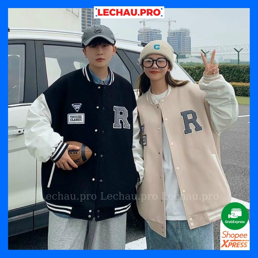 Áo khoác bomber nam nữ ulzzang hottrend logo R Varsity jacket da lộn cao cấp unisex form rộng streetstyle đẹp xịn LECHAU