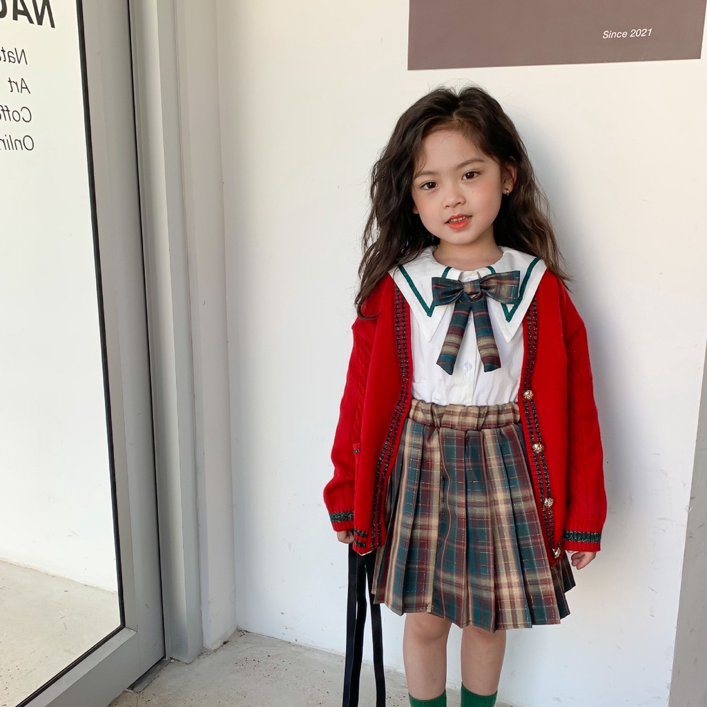 SG091 - Set áo váy học sinh thuỷ thủ kèm nơ sz 90-140 , sơ mi trắng, chân váy caro, thời trang hàn quốc thu đông 2022