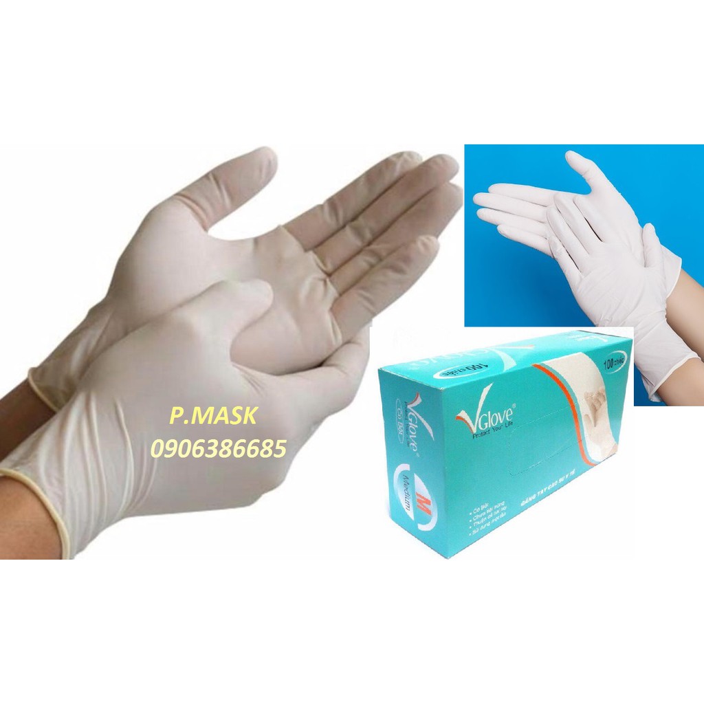 10 hộp găng tay y tế Vglove có bột hộp 100 cái màu trắng