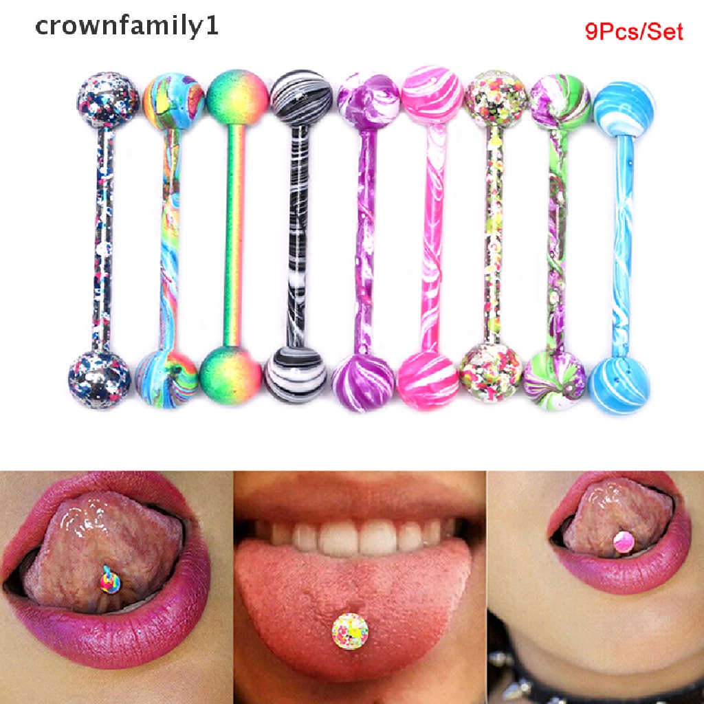 Set 9 Khuyên Xỏ Lưỡi Bằng Thép Titan Cao Cấp crownfamily1