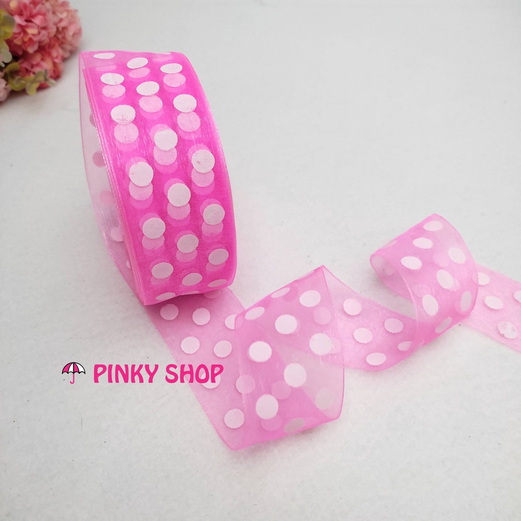 Ruy băng voan, chấm bi trắng [1 cuộn] màu đỏ, hồng làm nơ, gói quà, trang trí noel làm phụ kiện handmade Pinky Shop