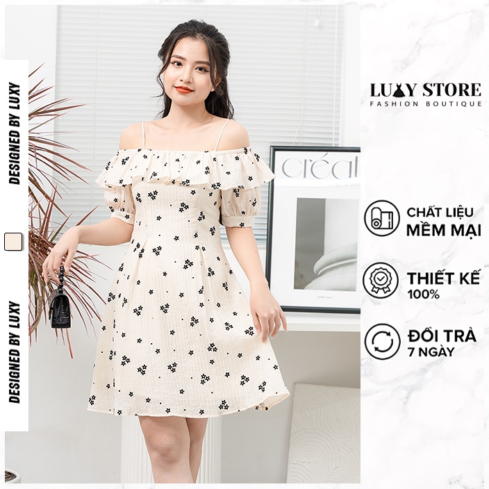 Đầm 2 dây hở vai LUXY V30270 phối bèo ngang vai màu vintage