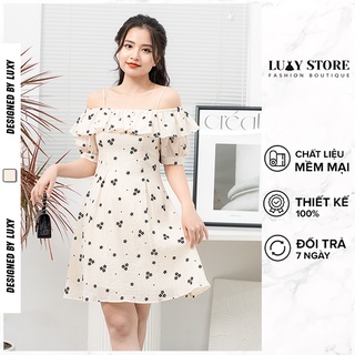 Đầm 2 dây hở vai LUXY V30270 phối bèo ngang vai màu vintage