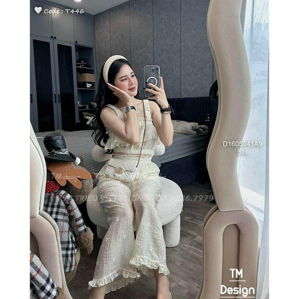 Set đũi áo croptop 2 dây bản+ quần ống suông dài phối lai bèo!