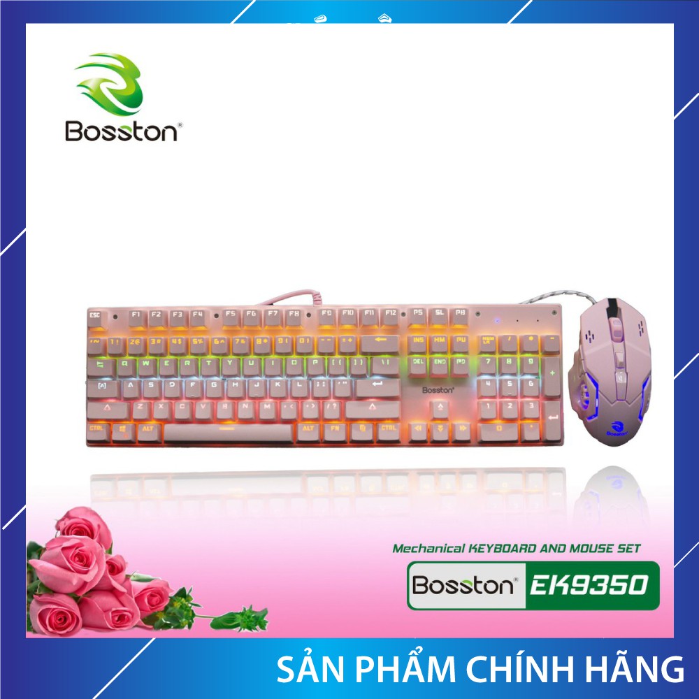 Combo Phím cơ +  Chuột chơi game Bosston EK9350 Queen Pink Chính Hãng (Hồng), siêu xinh, độ nhạy cao, dây dù, USB 2.0