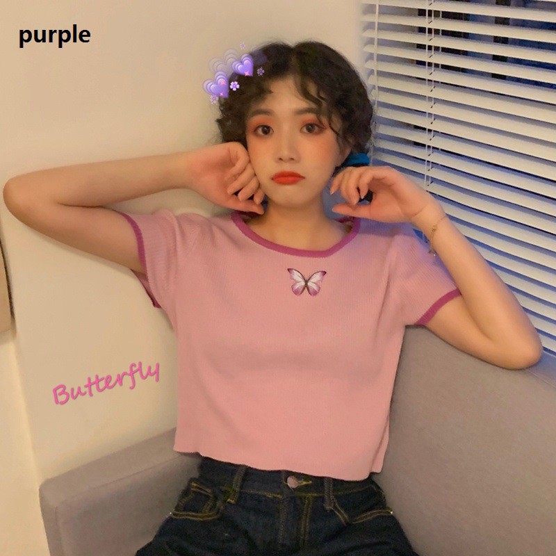 Korean Butterfly Print Short-sleeved Knitted Short-sleeved T-shirt