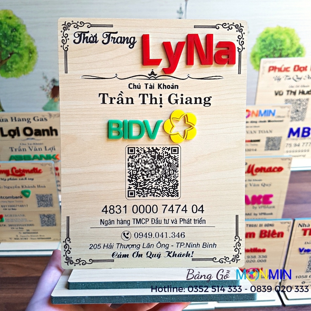 Bảng tài khoản ngân hàng, mã QR, thanh toán, chuyển khoản, tên shop - Chất liệu gỗ khắc - Chính hãng Monmin
