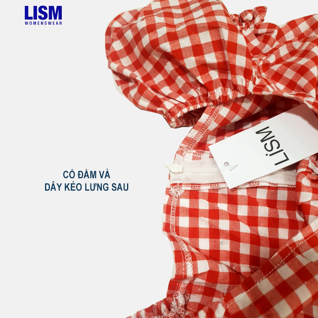 Váy caro đỏ đầm tết cổ vuông tay phồng thiết kế bánh bèo tiểu thư vintage | BigBuy360 - bigbuy360.vn