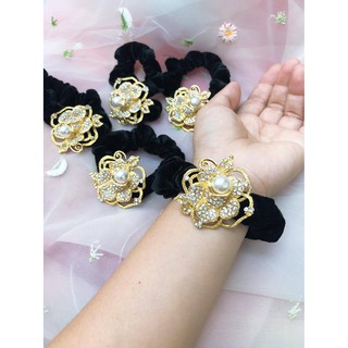 Cột tóc (buộc tóc) nhung xi vàng đính hoa