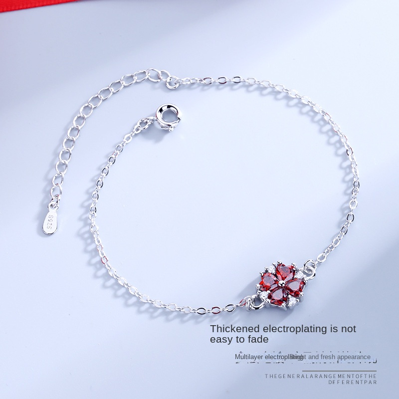 Bộ Vòng cổ + Bông Tai + Nhẫn Hình Cỏ Bốn Lá Đỏ Đính Đá Zircon Mới