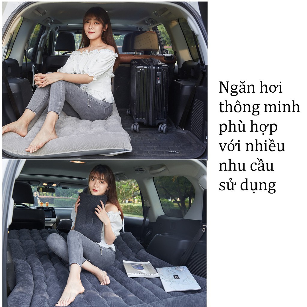 Đệm hơi xe 7 chỗ kích thước 174x118 cm phủ nỉ nhung kèm bơm và 2 gối có chân dự phòng hàng ghế 2