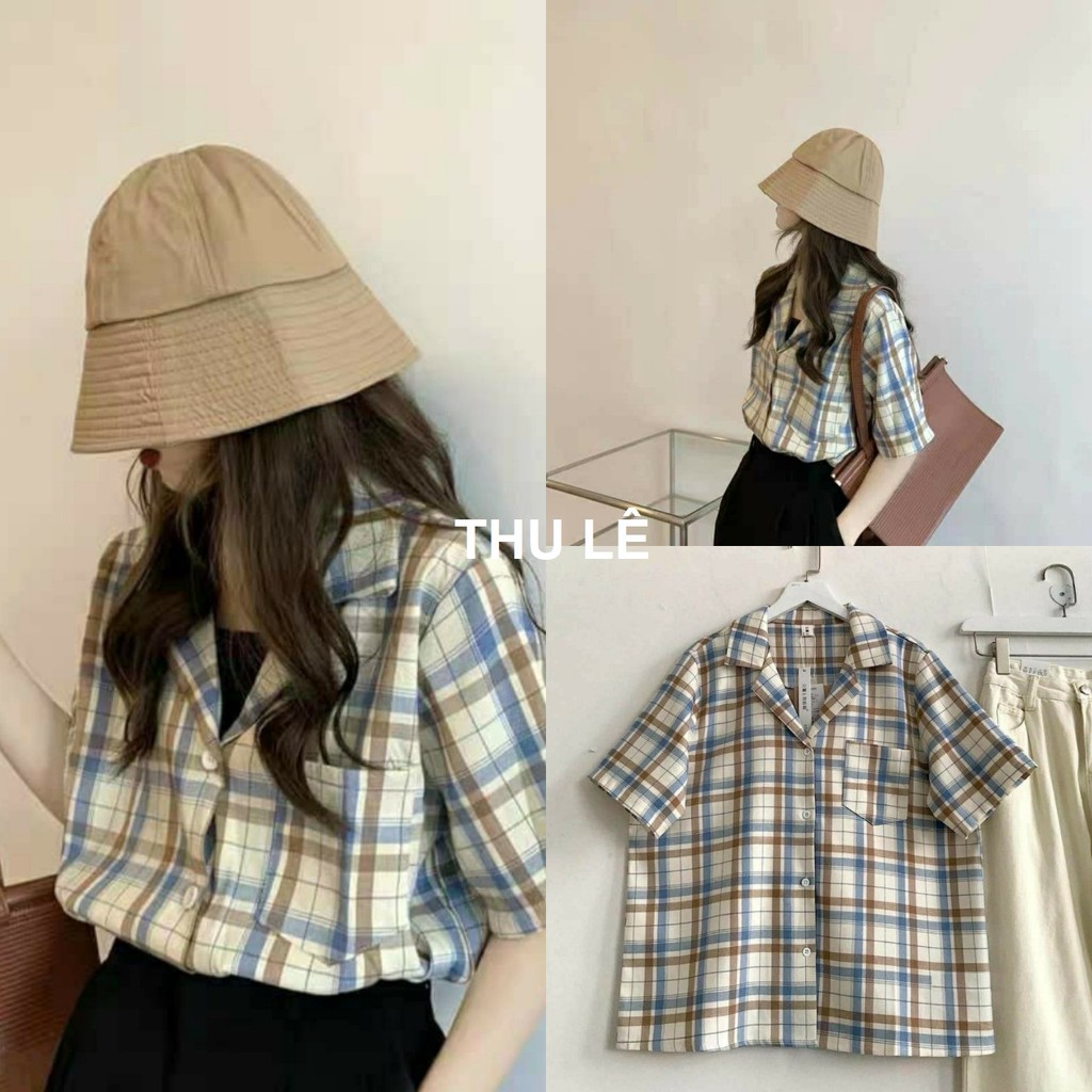 Áo Sơ Mi Cổ Vest Vintage Nữ [FREESHIP] Sơ mi cộc tay kẻ sọc caro dáng suông cá tính Ulzzang HOT