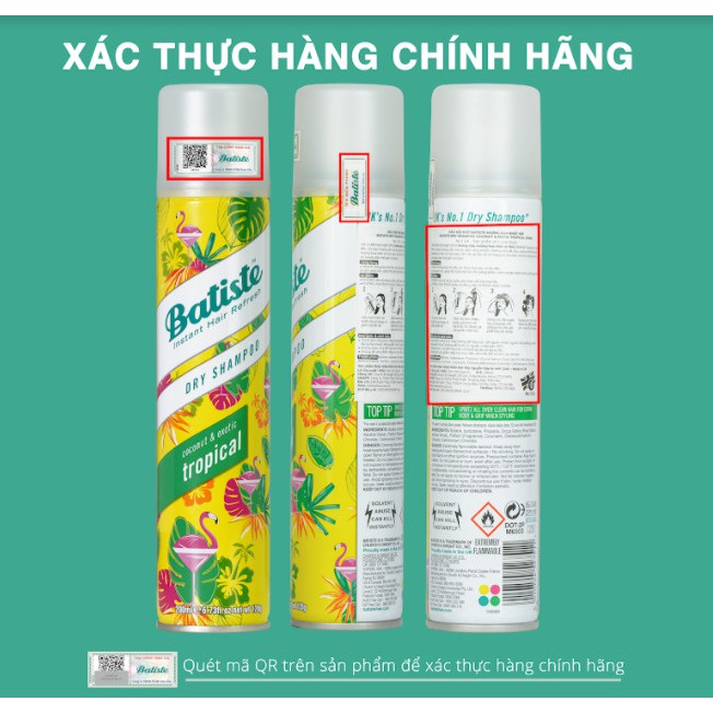 Dầu Gội Khô Batiste Hương Hoa Nhiệt Đới - Batiste Dry Shampoo Coconut & Exotic Tropical 200ml