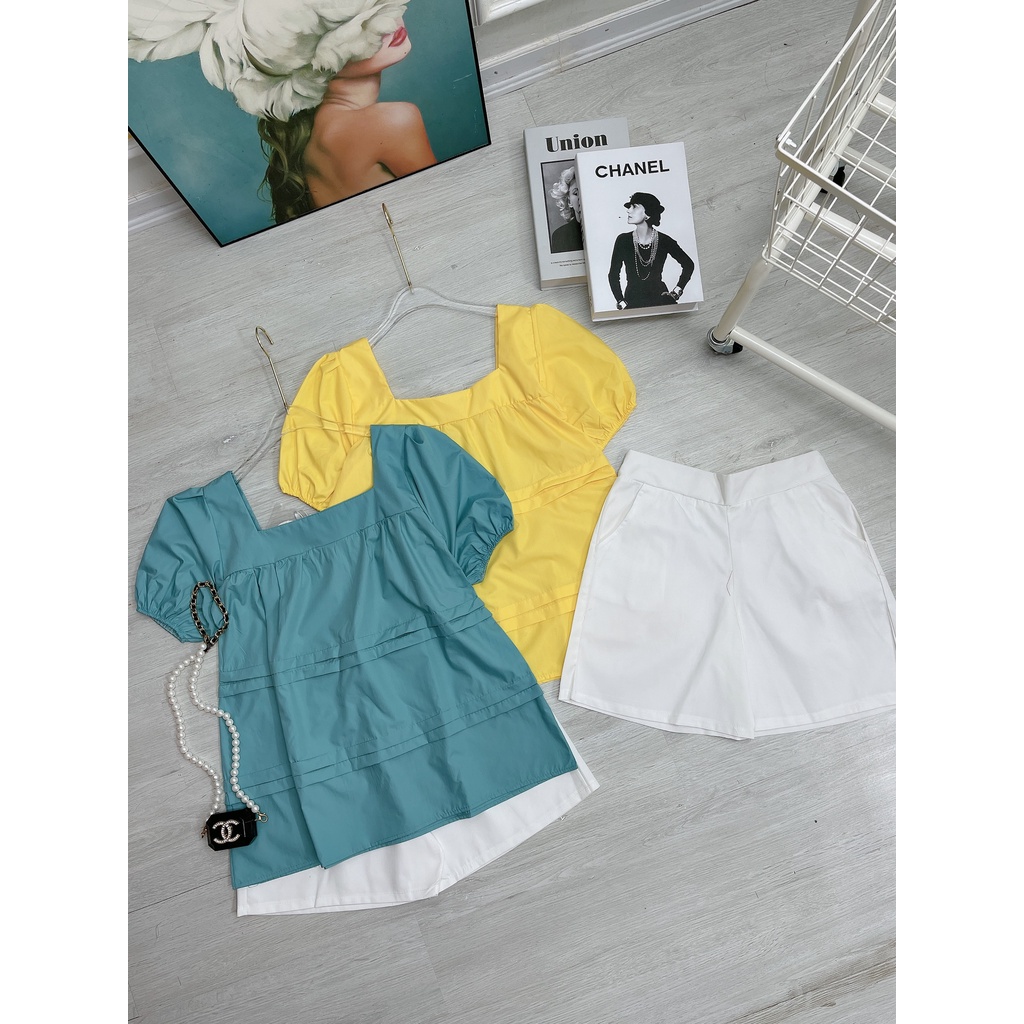 Set áo babydoll tay phồng mix quần sooc ống rộng - Hàng có sẵn - Xưởng may Lộc Vân - V19