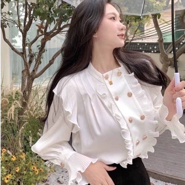 Áo sơ mi trắng nữ dài tay thiết kế cổ tàu phối bèo vói 2 hàng cúc sang chảnh lịch sự - A240