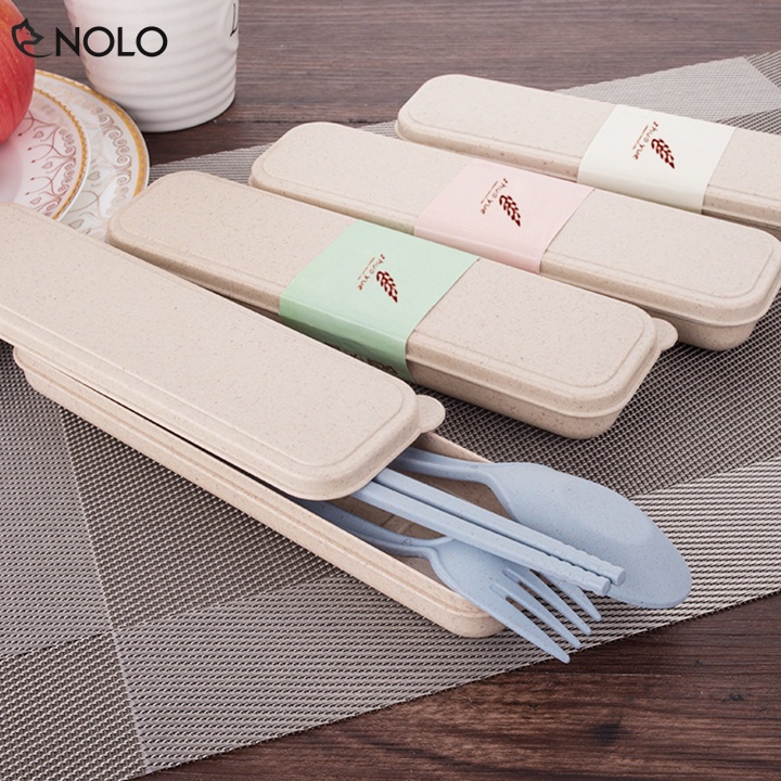 Combo 2 Set Muỗng Nĩa Đũa Model MDN02 Chất Liệu Nhựa Lúa Mạch Kèm Hộp Đựng Có Nắp Đậy
