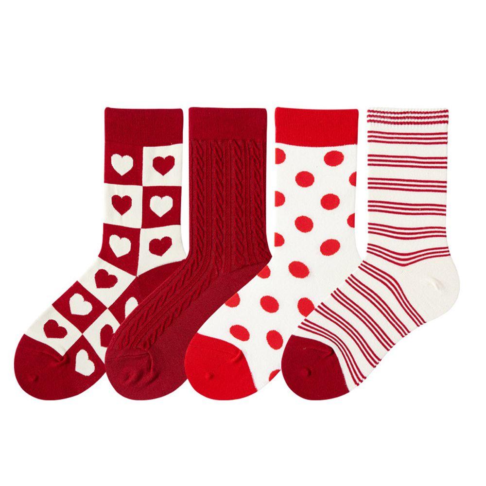Vớ Cotton Màu Đỏ Họa Tiết Chấm Bi / Trái Tim Ngọt Ngào Thời Trang Cho Nữ