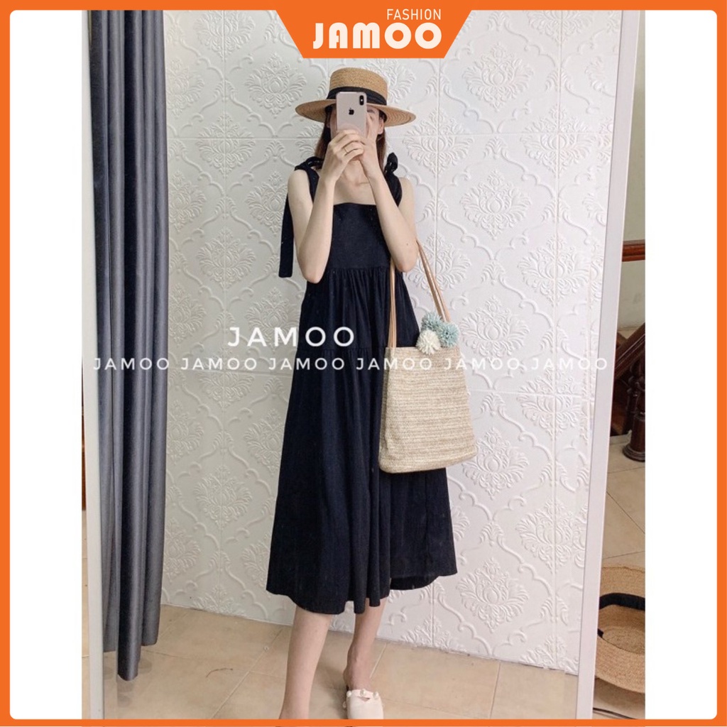 Đầm thô Babydoll Ulzzang dáng dài_ Váy hai dây buộc vai Jamoo