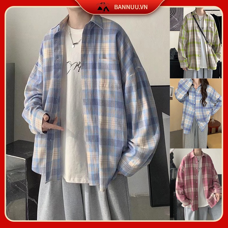 Áo sơ mi kẻ sọc caro bông áo sơ mi nam tay dài dáng rộng thời trang áo sơ mi caro nữ Hàn Quốc áo sơ mi nữ caro form rộng