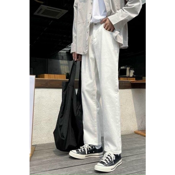 Quần Jean Ống Suông Ống Đứng Full Trắng Nam Nữ Unisex Vải Dày Dặn